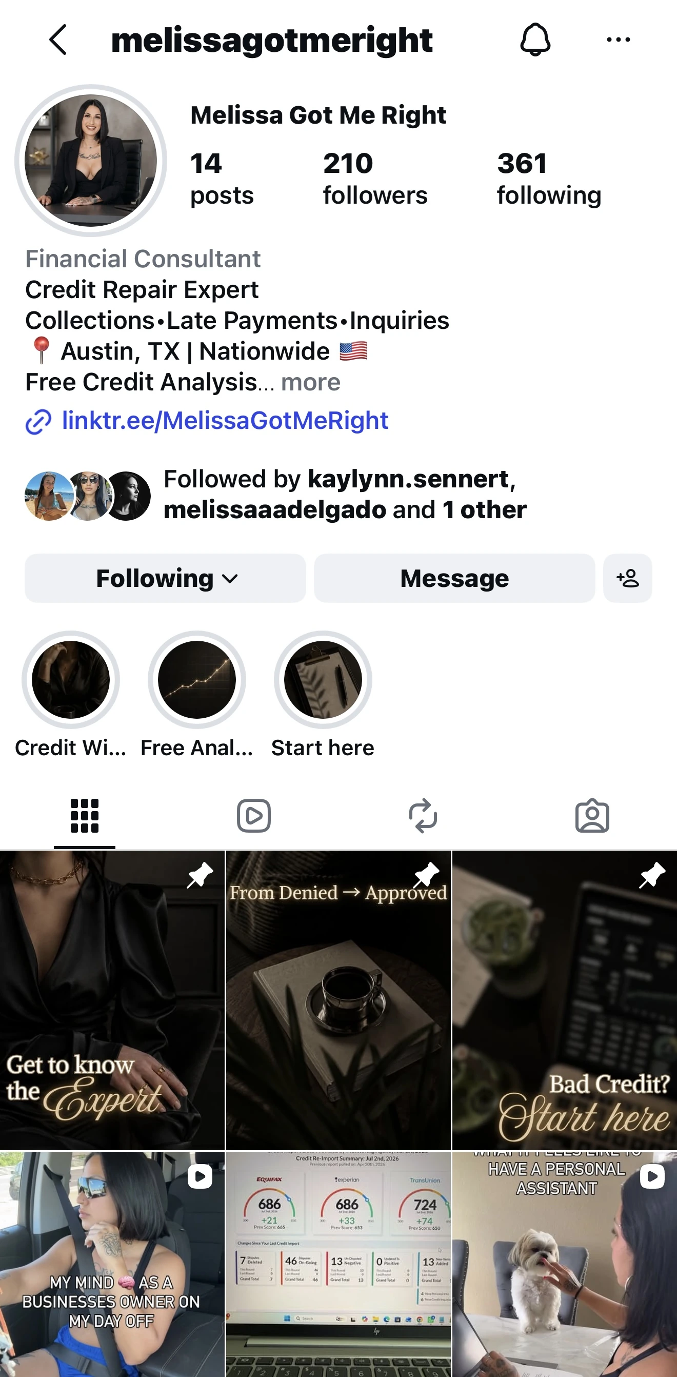 @melissagotmeright on Instagram — credit tips and client wins